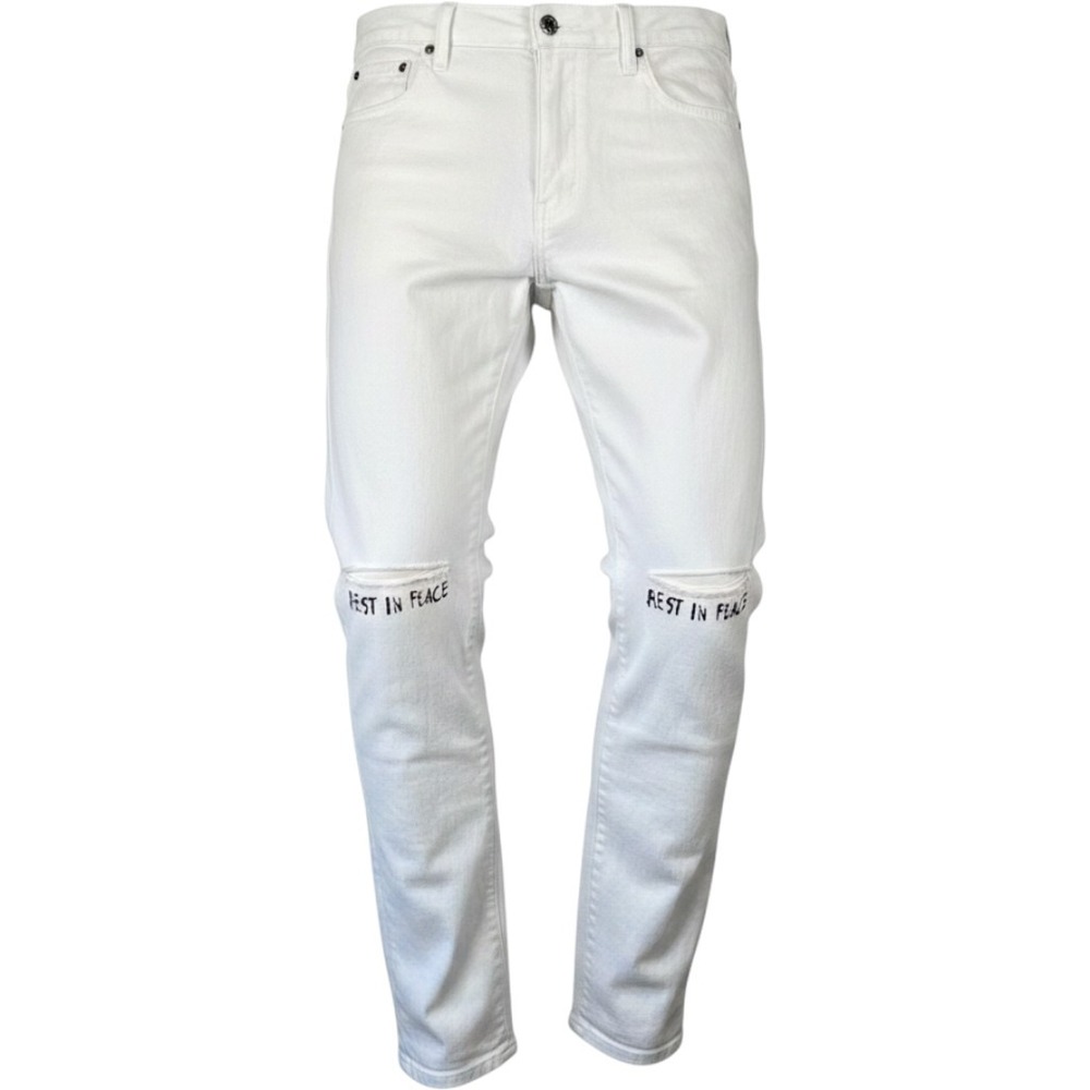 RtA Bryant White Rest In Peace RIP Embroidered Slim Jeans Mens 31 MH24D624 NEW